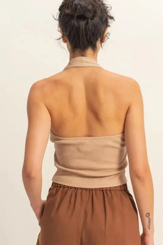 HYFVE Halter Neck Buttoned Washed Top for Casual Style - Love Salve